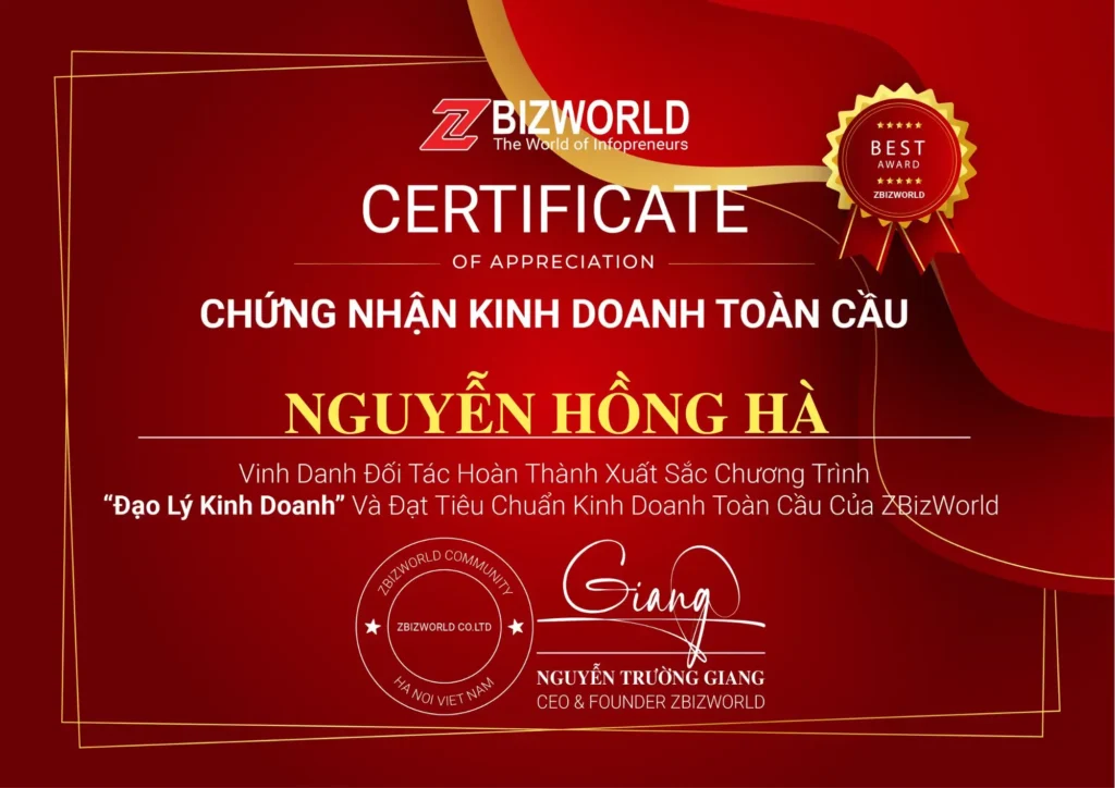 Chứng nhận Đạo Lý Kinh Doanh của Nguyễn Hồng Hà