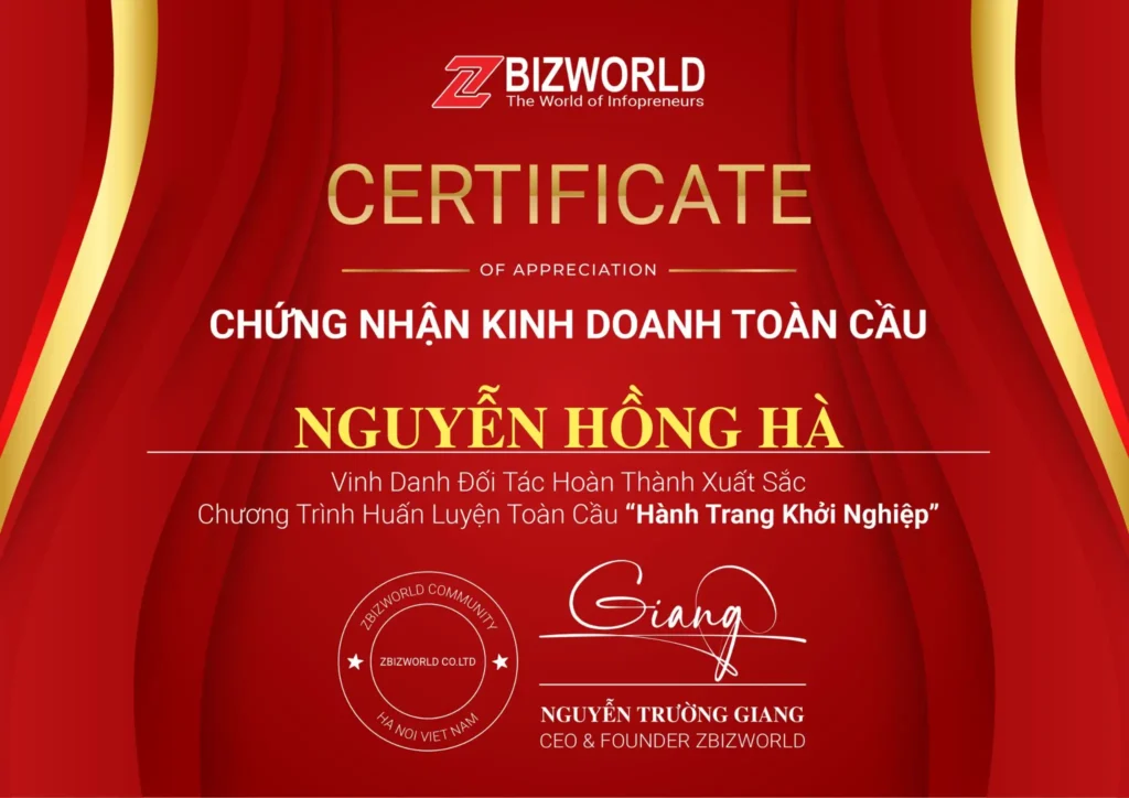 Chứng nhận Hành Trang Khởi Nghiệp của Nguyễn Hồng Hà